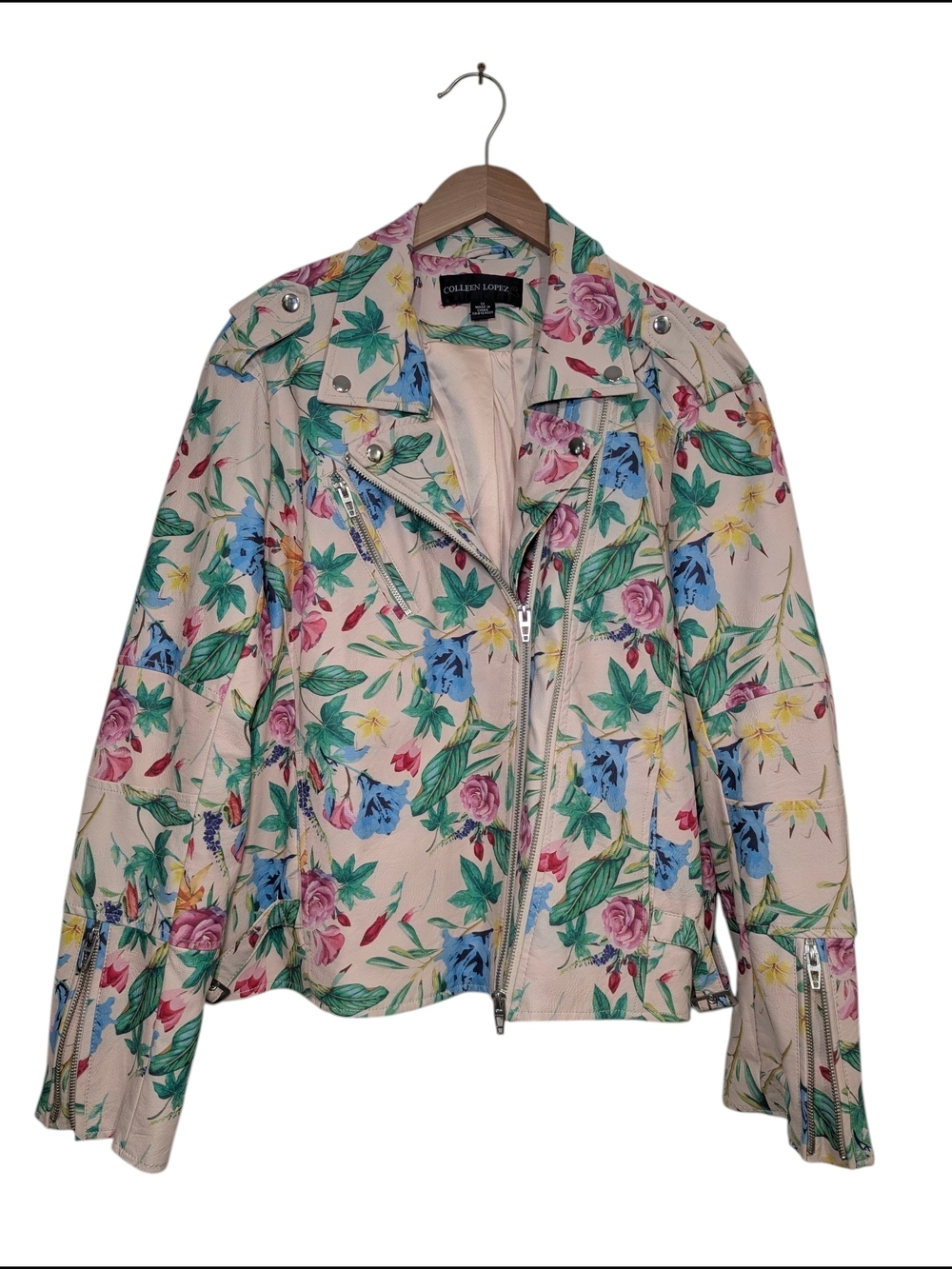 Colleen Lopez Floral Biker Jacket Women's 1X Cream Multicolor Asymmetrical Zip